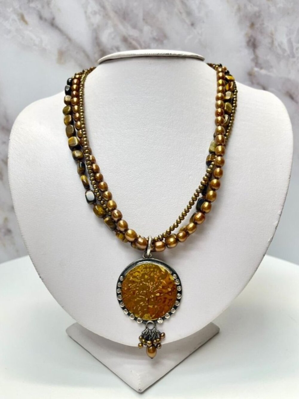 Retired Silpada N1838 Tiger Eye Pearl Sterling Silver Necklace 17-19" - Picture 2 of 6